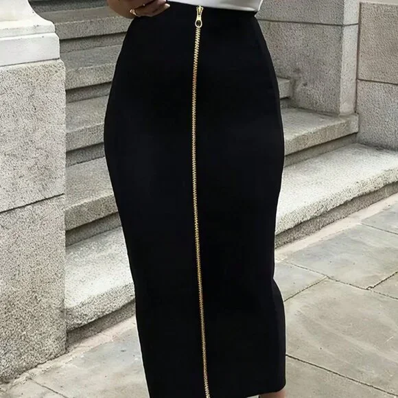 Black Casual Women's Midi Pencil Skirt with Front Zipper High Waist Elastic