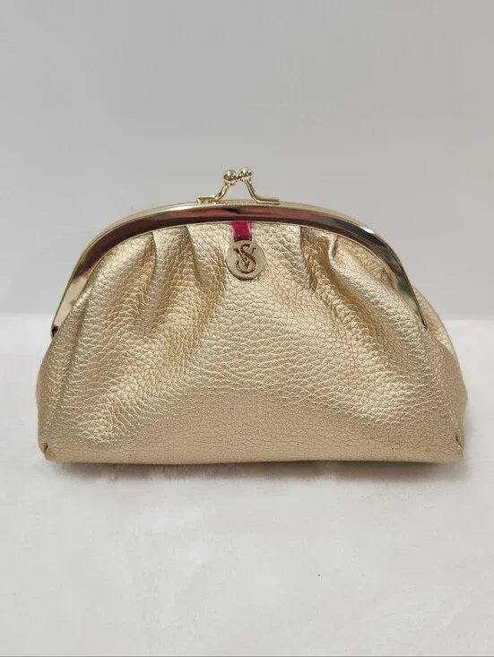 Victoria's Secret VS Gold Kiss Lock Pebbled Faux Leather Cosmetic Bag Pouch