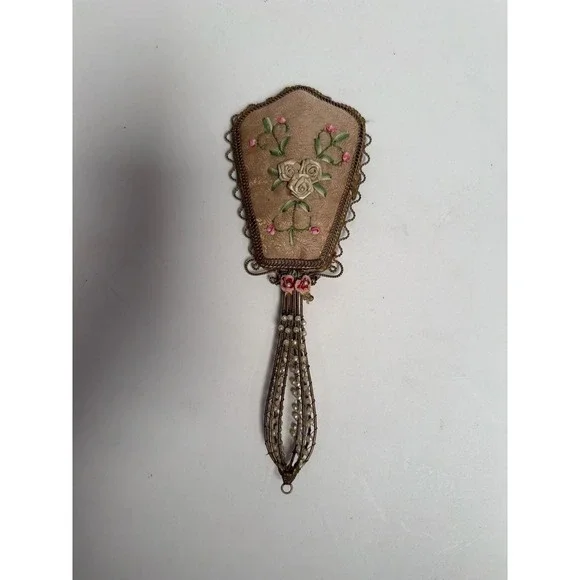Victorian‎ Silk Ribbon Work Hand Mirror Floral Petit Point Beaded Handle