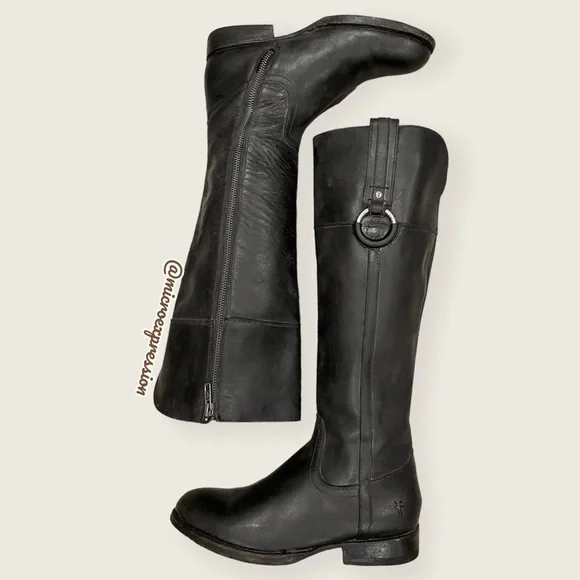 $389 Frye Jamie Ring Tall Distressed Stone Black Leather Knee High Zip Up Boot