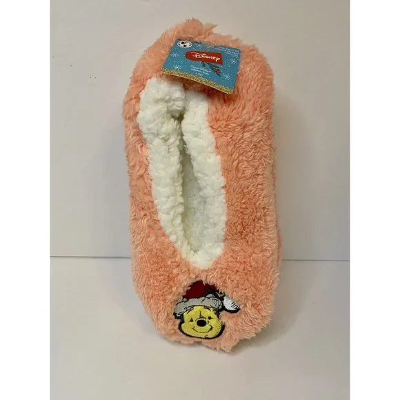 Winnie The Pooh Disney Fuzzy Babba Slipper Socks 7-9.5 Christmas Santa‎ Hat Bear