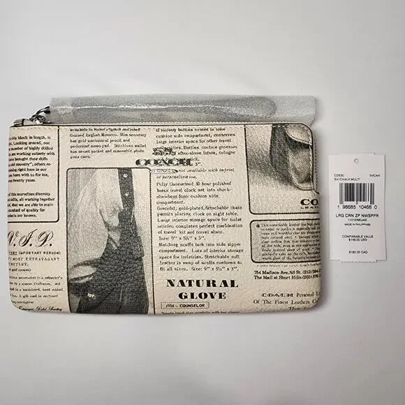 NWT COACH CDE80 Heritage Large Corner Zip Wristlet Newspaper Print v2