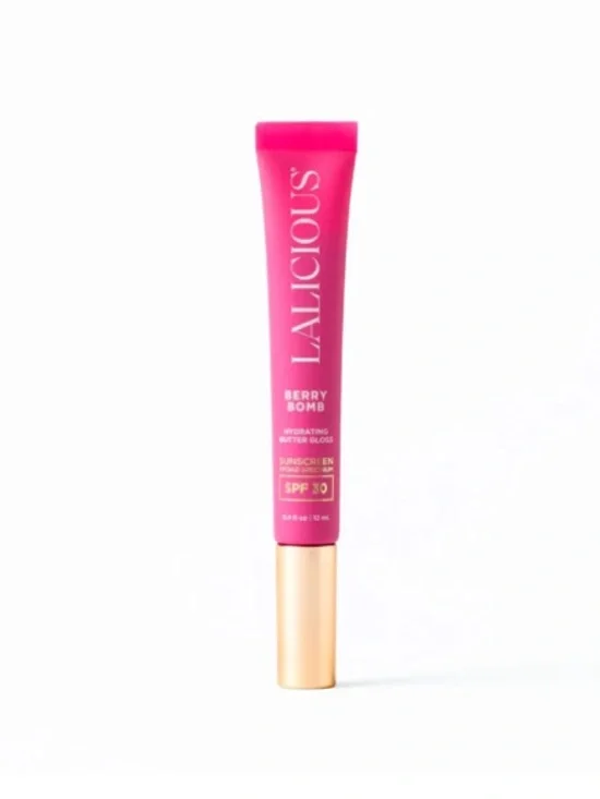 LALICIOUS Hydrating Butter Gloss SPF 30 in Berry Bomb shine shield plump hydrate