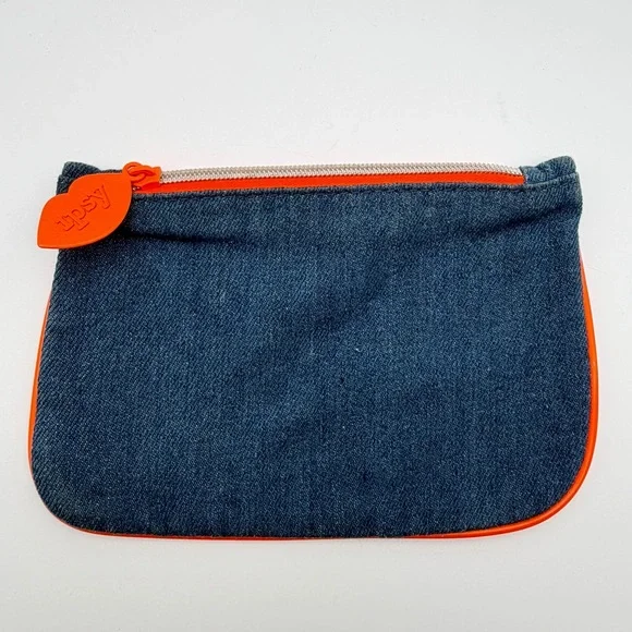 Ipsy Denim Makeup Bag‎ Cosmetic Pouch Orange Lining Zipper Glam Bag