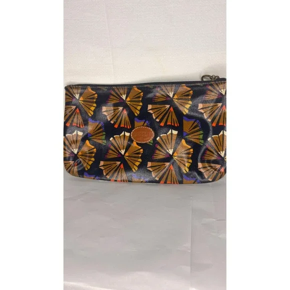 Fossil Pencil Shaving Print Coated Canvas Zipper Pouch Navy Blue Cosmetic Bag