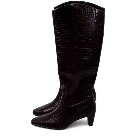 Splendid Jett Knee High Boots Burgundy Croc Embossed Side Zip Size 7.5