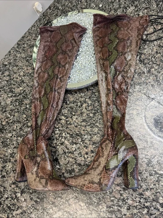 Shoe Dazzle Brown & Green Snake-Print Over-the-Knee Boots