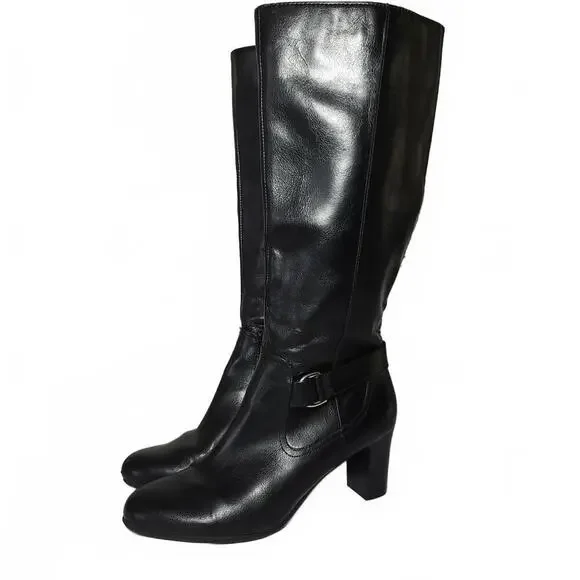 LifeStride Knee-High Women's Black Size 8.5 Block Heel Boot Polished Side Zip