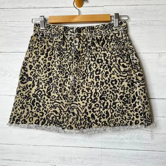 Madewell Skirt Womens Size 25 Rigid Denim A Line Leopard Mini 100% Cotton