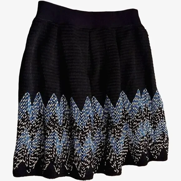 See U Soon, Flare Midi Knit Skirt, Size 6, Black w/ Blue & Silver Embroidery