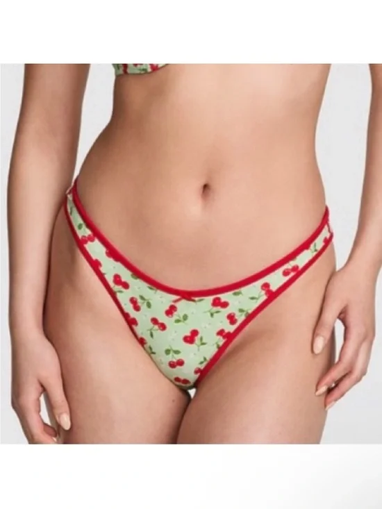 New! Frankie's Bikinis Cherry Print golden hour Bikini Bottom Green 39092
