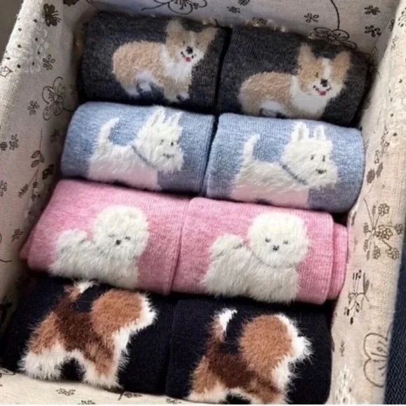 Women’s Socks  & Hosiery 4 Pairs Fuzzy Puppy Pattern Socks Warm Mid Tube Socks