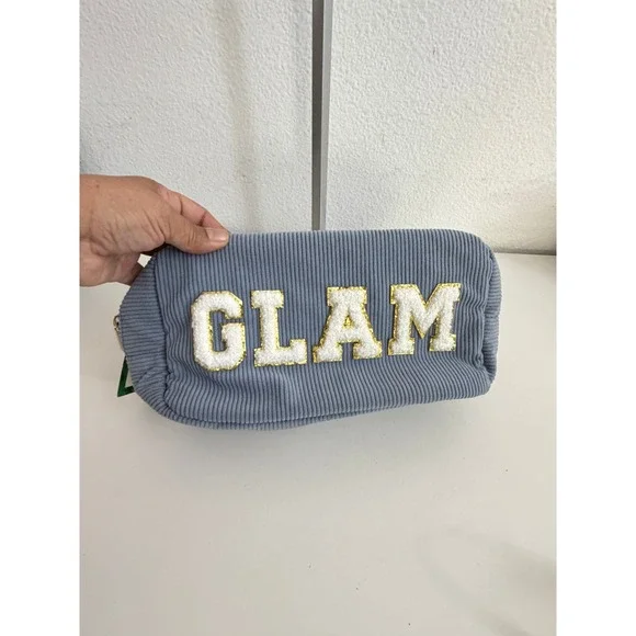 Festive Voice Blue Corduroy GLAM Sherpa Pouch Makeup Toiletry Bag New