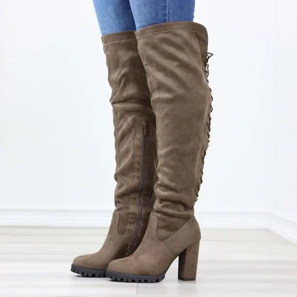 Taupe Over Knee Boots Suede Chunky Heel Lace Up Back Zip Rugged Sole