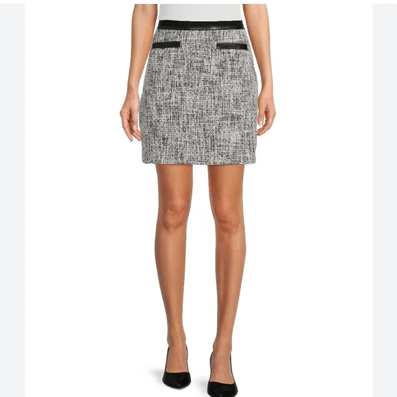 Karl Lagerfeld Paris Womens B/W Tweed Faux Trim Work A-Line Skirt size 4