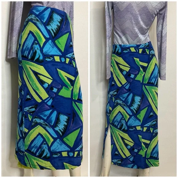 Slinky Y2K Abstract Modern Art Print Side Slit Maxi Skirt Size Medium