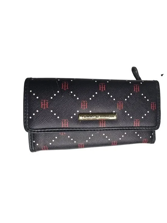 Tommy Hilfiger Womens Black & Red Logo Patterned Trifold Wallet With Snap Closur