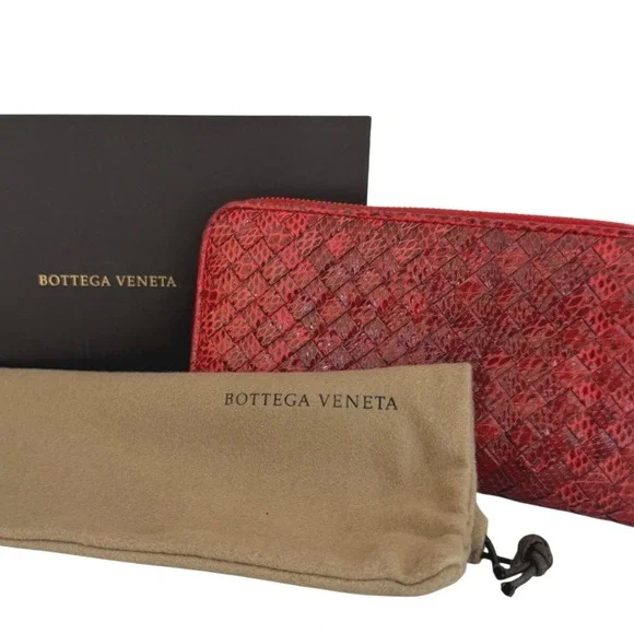 Bottega Veneta Intrecciato Python Zip Around Wallet Red Exotic Leather Box Dusty