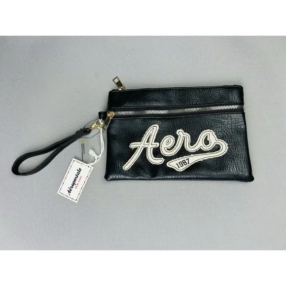 Aeropostale Black Faux Leather Zipper Pouch Cosmetic Clutch Aero‎ Bag NWT