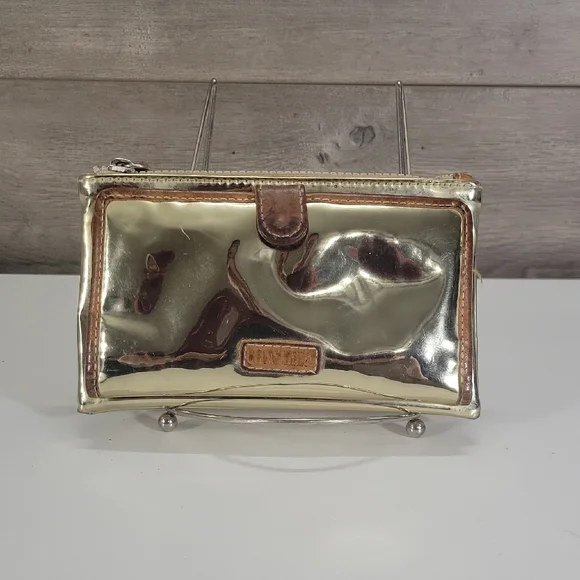 Consuela Metallic Gold PVC Clutch Wallet with Brown Leather Trim
