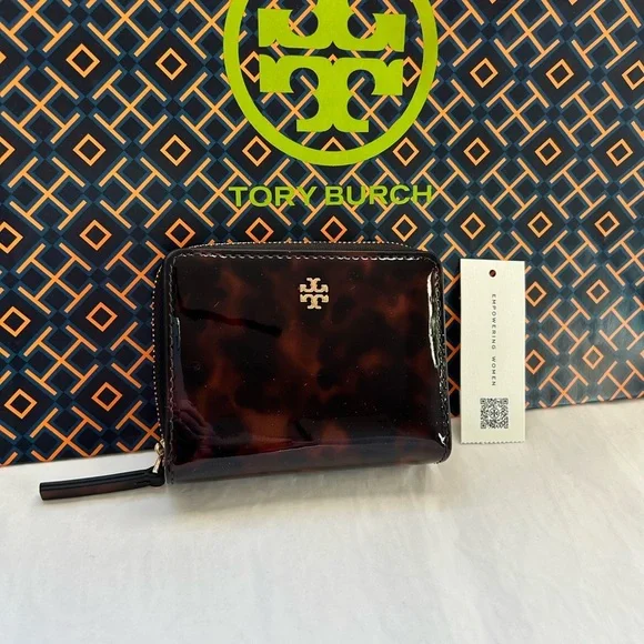 Tory Burch Emerson Tortoise Patent Mini Wallet Gold Brown Tan Neutral