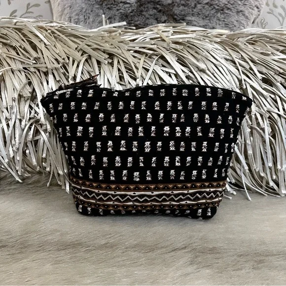 Vintage VERA BRADLEY Zebras 2001 Large Curved Cosmetic Case Black Tan Zipper Y2K