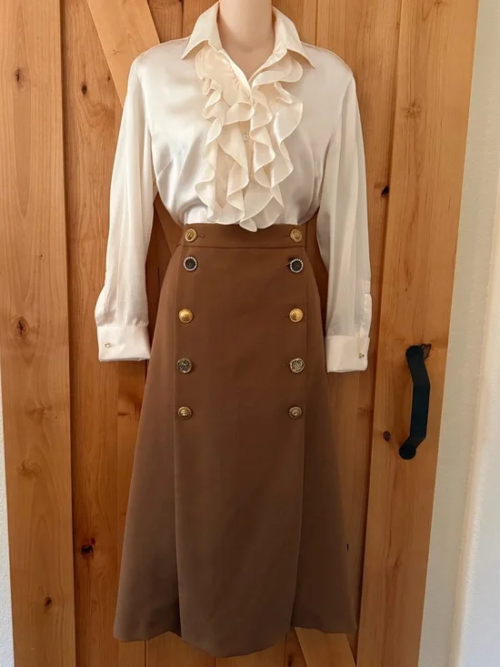 PINKO Italy Burrasca Heavy Crepe Button Cognac Brown Midi Pencil Skirt, 10 Rare!
