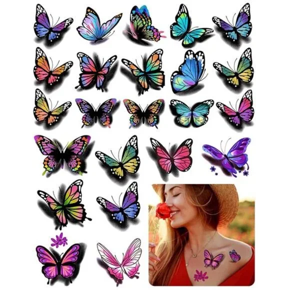 3D Butterflies and Flowers Temporary Stickers Tattoo, 126Pcs