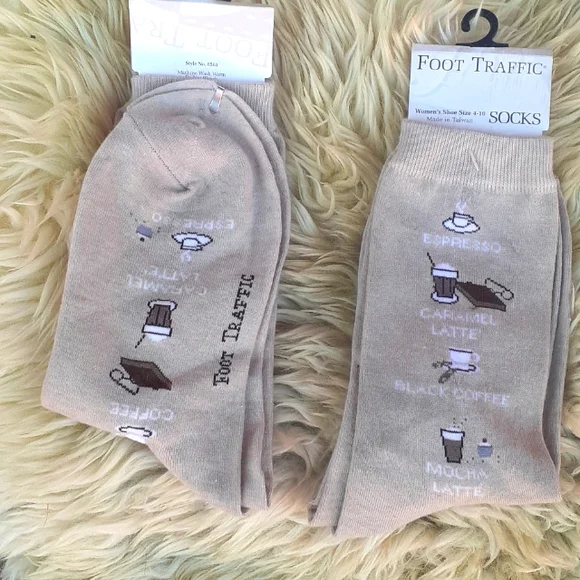 His / Hers FOOT TRAFFIC Novelty Sock Pair Latte /Coffee unisex coffee Lover Gift