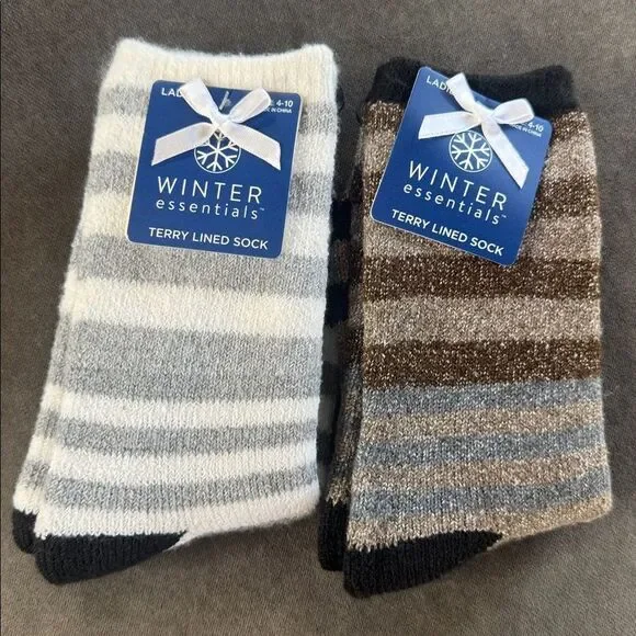 Womens Winter Essentials Terry Lined Striped Socks 1xBrown 1xWhite Size 4-10 NEW