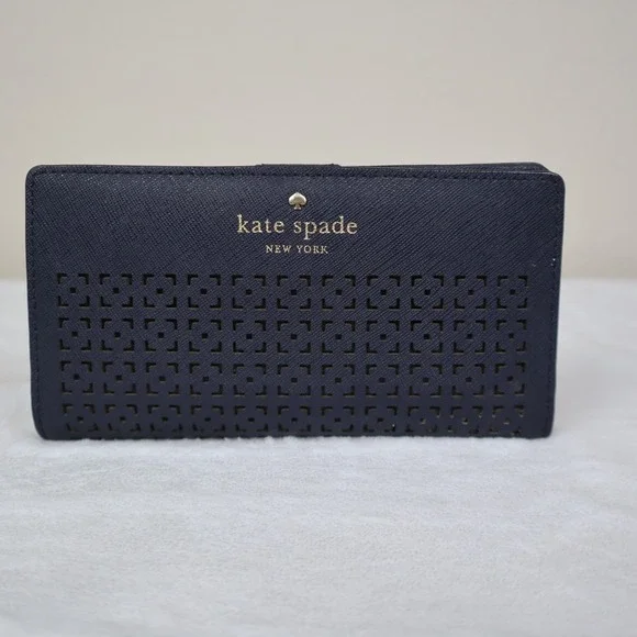 Kate Spade Cedar Street Perforated Lacey Wallet Bifold Black Saffiano Leather