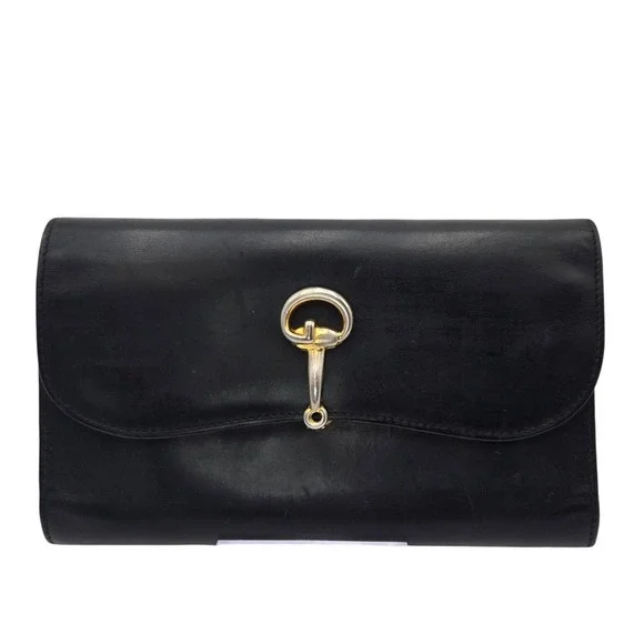 Vintage Gucci Horsebit Long Wallet Black Leather Mixed Metal Hardware Italy
