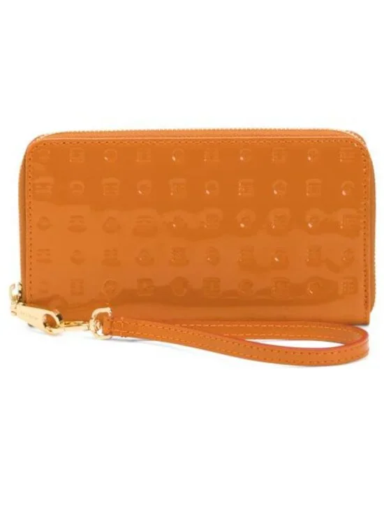 ARCADIA  Italy Patent Leather Zip Around Embossed Wallet Wristlet Orange Tan