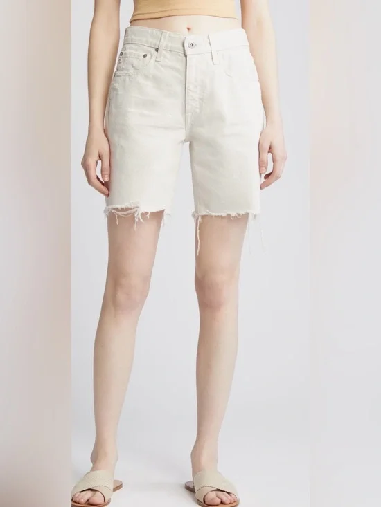 AG Denim Ex-Boyfriend Mid-Rise Raw-Hem Denim Shorts in Opal Stone