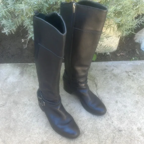 Marc Fisher Black Leather Heeled Side Buckle Tall Boot Women's Size 8