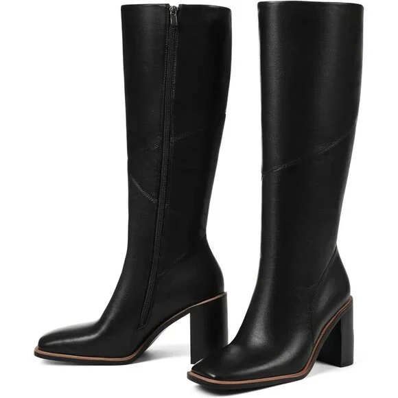 Women’s Polyurethane Black Waterproof Square Toe Chunky Block Heel Leather Boot