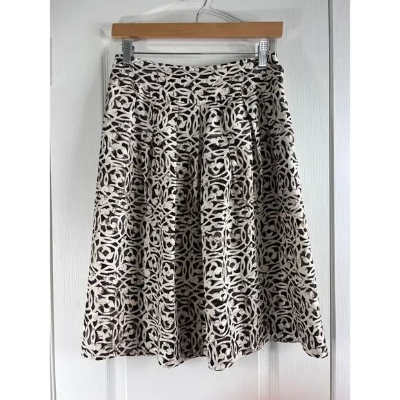 Banana Republic Women's Silk Pleated Skirt Brown Cream Print Size 2