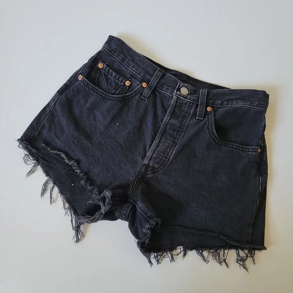 Levis 501 Cut Off Denim Buttonfly Shorts W26 Black Denim Boho Casual Hippie