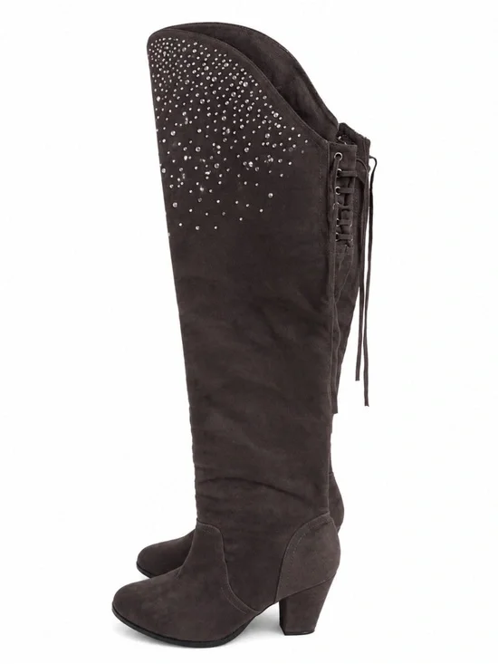 Women’s Over-the-Knee Grey Suede Bedazzled Boots - Size 10