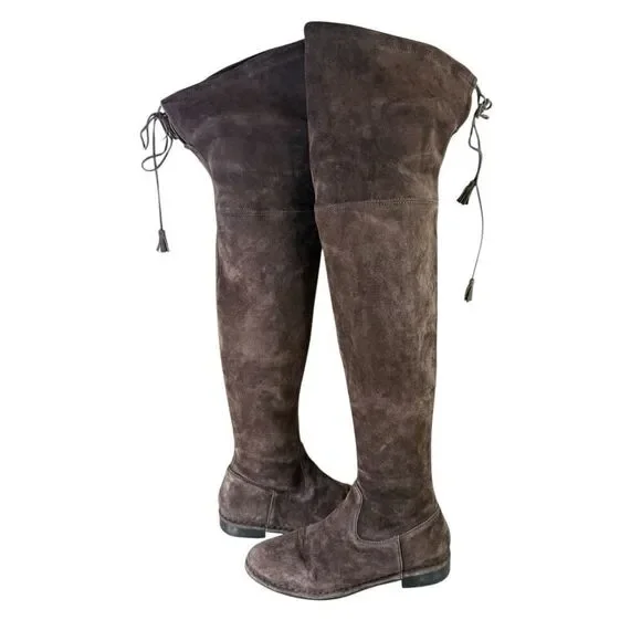 Frye Brown Suede Over-the-Knee Flat Boots with Tie Detail Size 7M