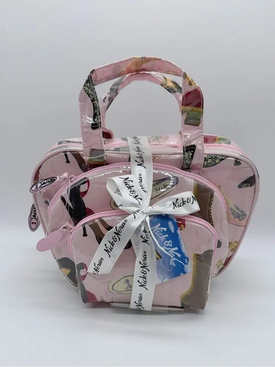 Nick & Nora vintage Pink Shoe-Print Cosmetic/trabel Bag Trio NWT