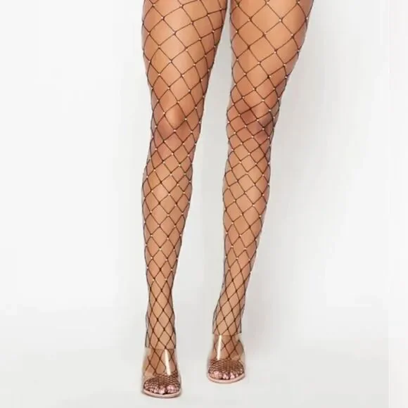 Black rhinestones wide fishnet hosiery tights stockings