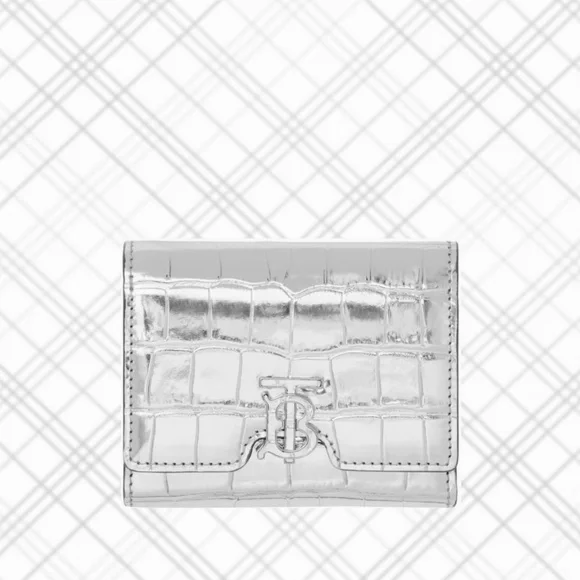 BURBERRY TB Monogram Croc Embossed Metalic Leather Wallet
