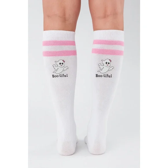 Womens Socks One Size White & Pink Knee High Boo-tiful Ghost Halloween