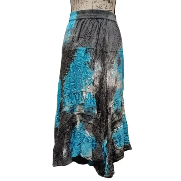 Boho‎ Tie Dye Midi Skirt Large Asymmetrical Blue Gray Hippie Flowy