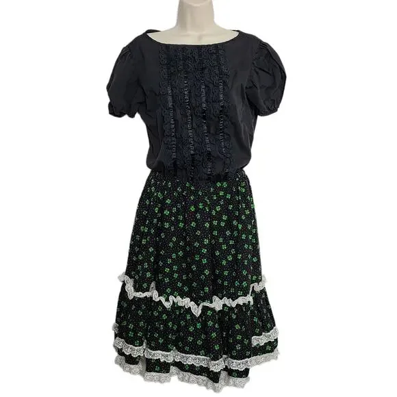 Vintage Square Dance Outfit Ruffle Shamrock St Patricks Day Small Black Green