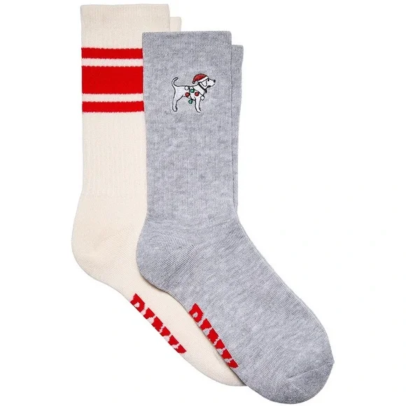Victoria’s Secret PINK Pack of 2 Crew Socks Grey Santa Hat Dog OS NEW