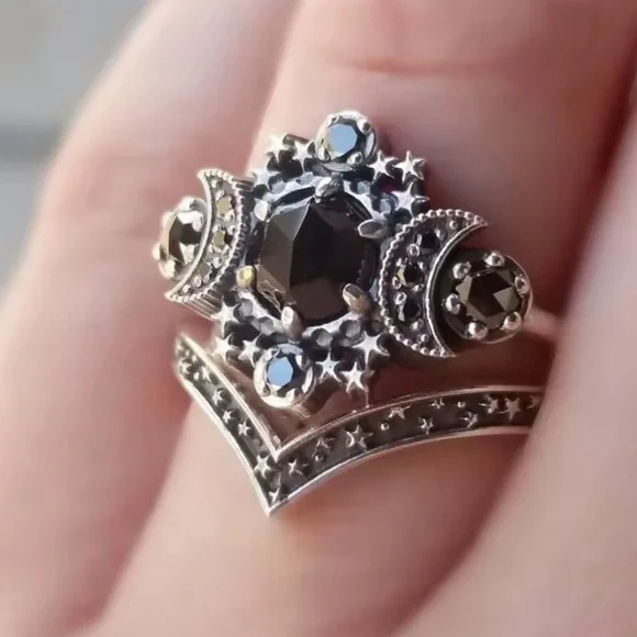 Exequisite Celestial Noir Black Moonstone Star Ring
