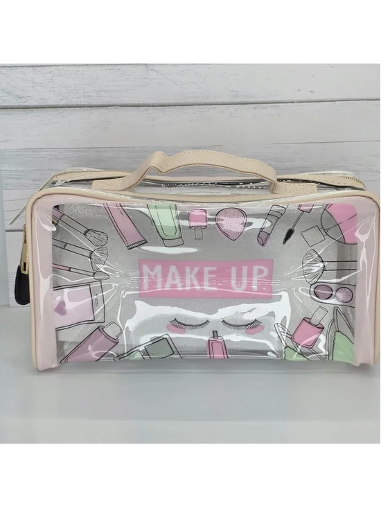 Pink & white makeup bag with clear vinyl