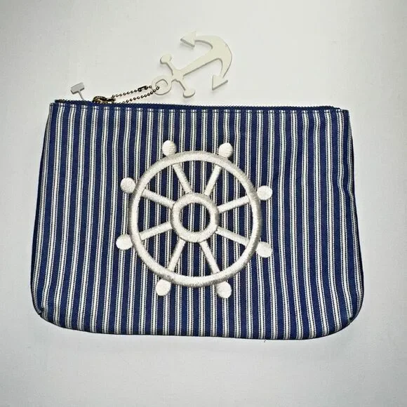 Talbots Pouch Purse Blue and White Striped Embroidered Leather Anchor Tag‎ Zip